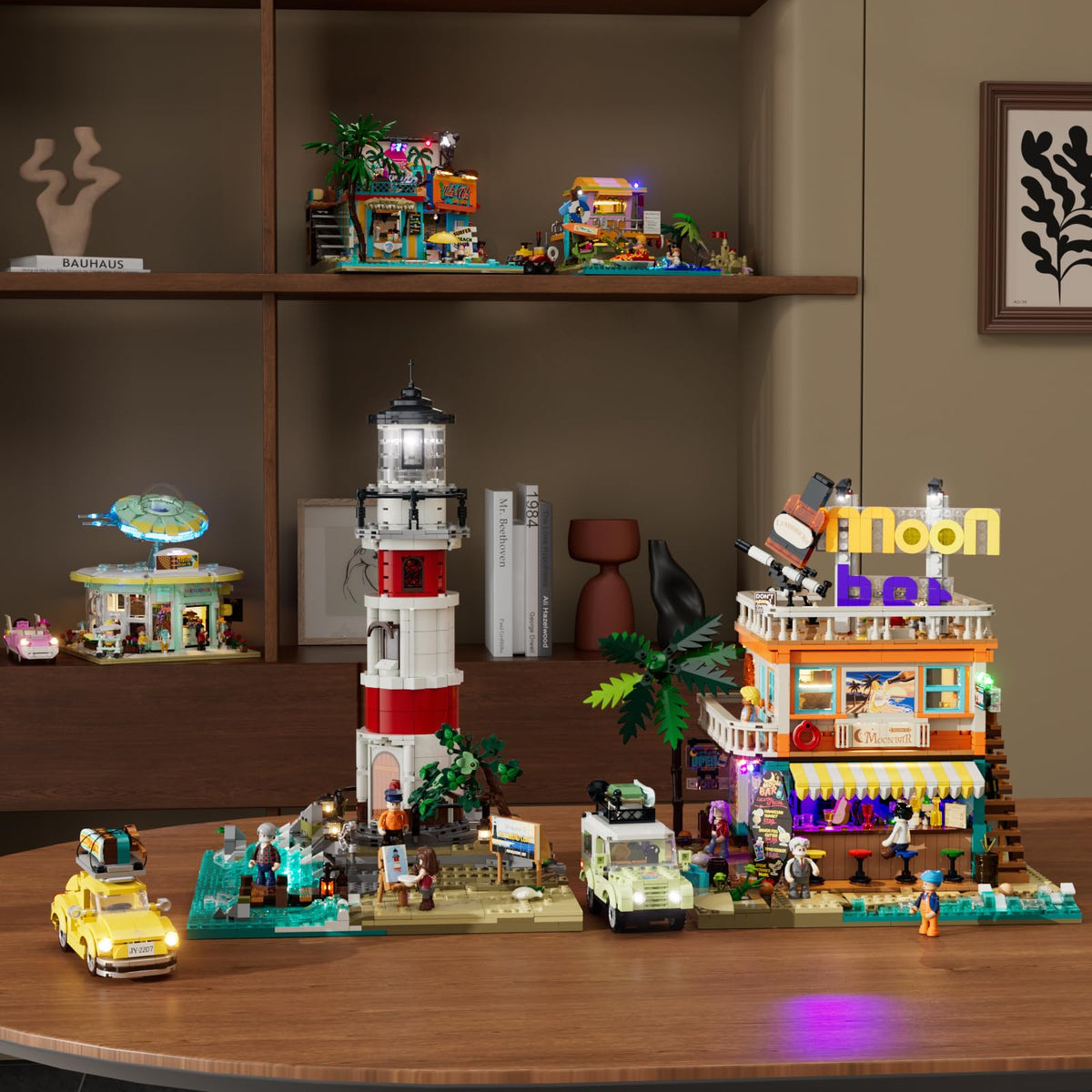 Lumibricks Moon Bar vintage cars and beachy bottles evoke 70s Americana vibes.