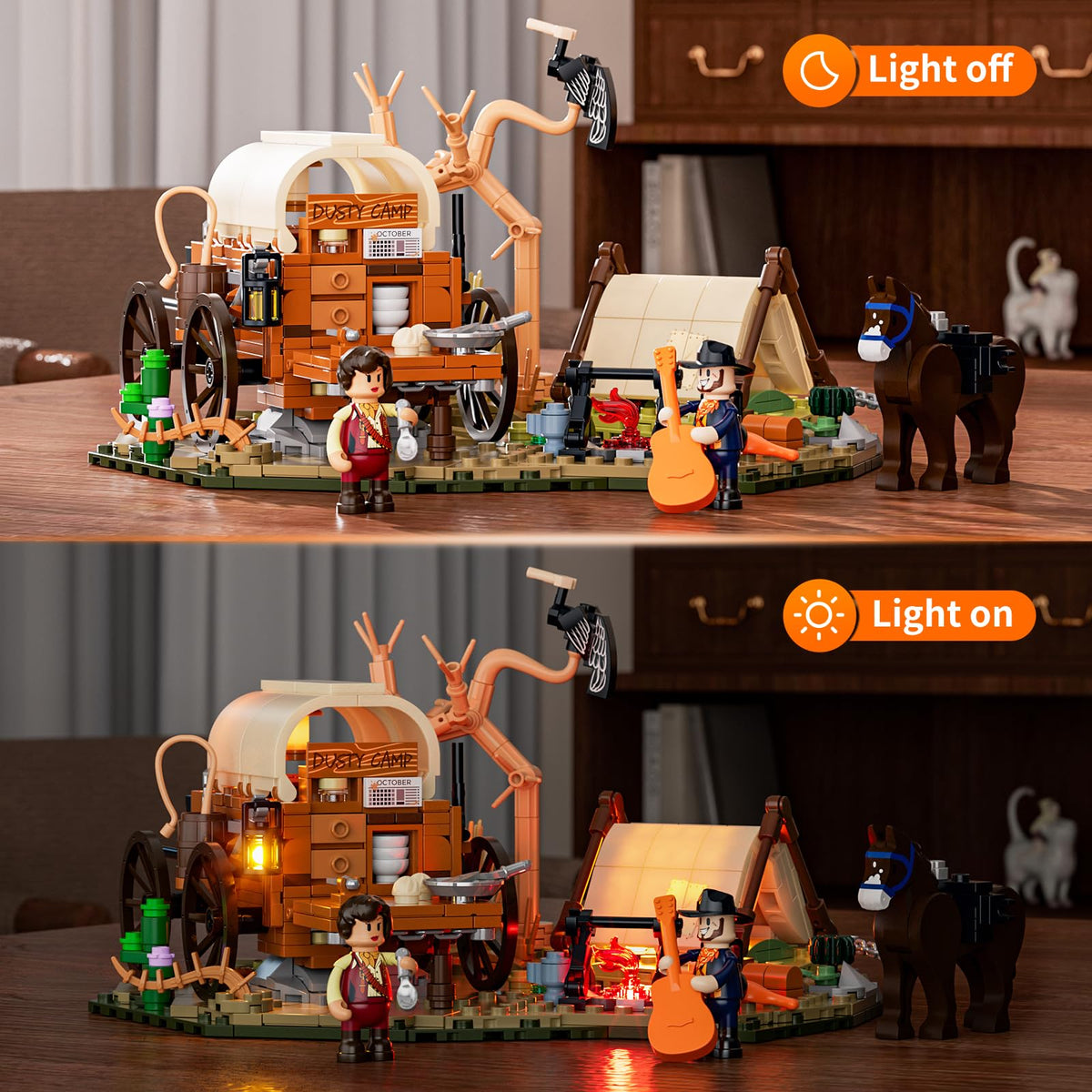Lumibricks Cowboy Camp Lighting Set, warm lamps illuminate desert ambiance.