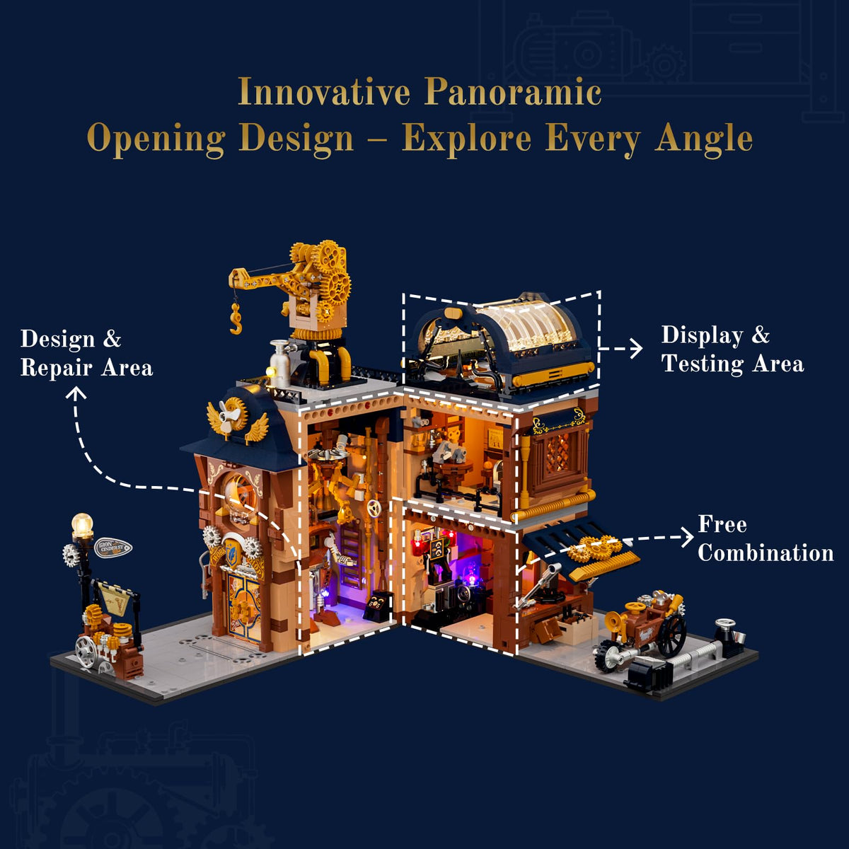 Lumibricks Open-face cross-section view reveals detailed workshop interiors.