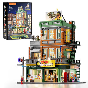 Lumibricks record-store front lighting highlights the street fusion vibe