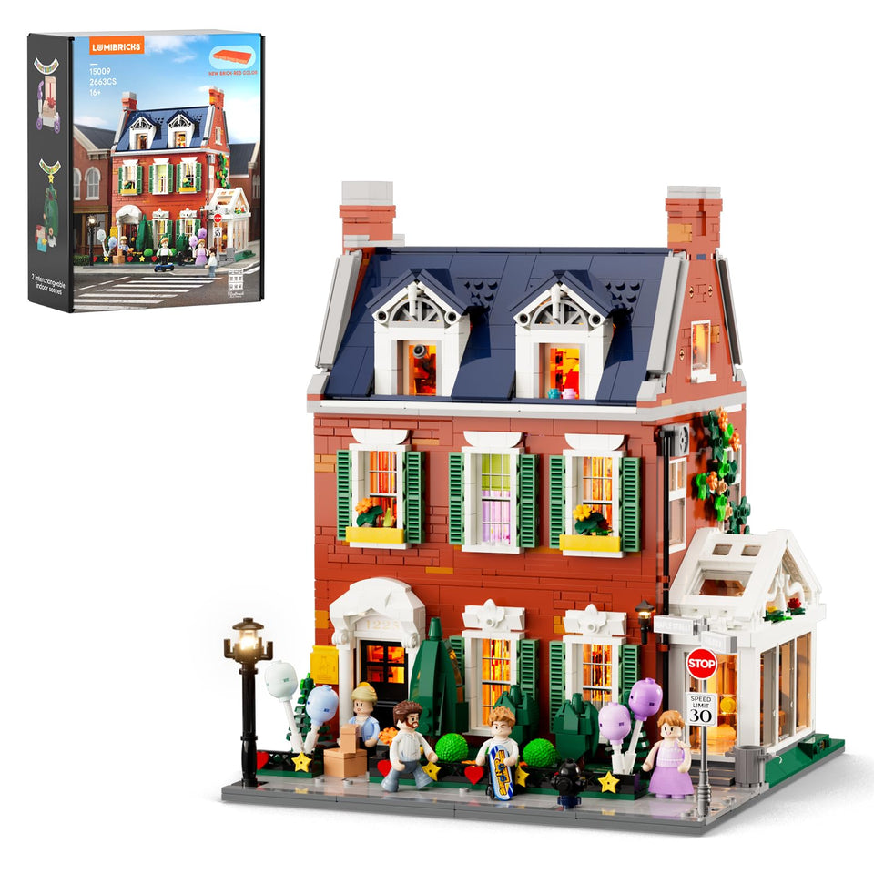 Lumibricks redbrick row house exterior for a collectible city display with integrated lighting.