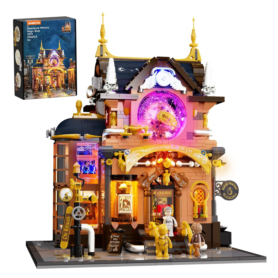 Lumibricks Steampunk Memory Shop facade with gears creates a striking collector display.
