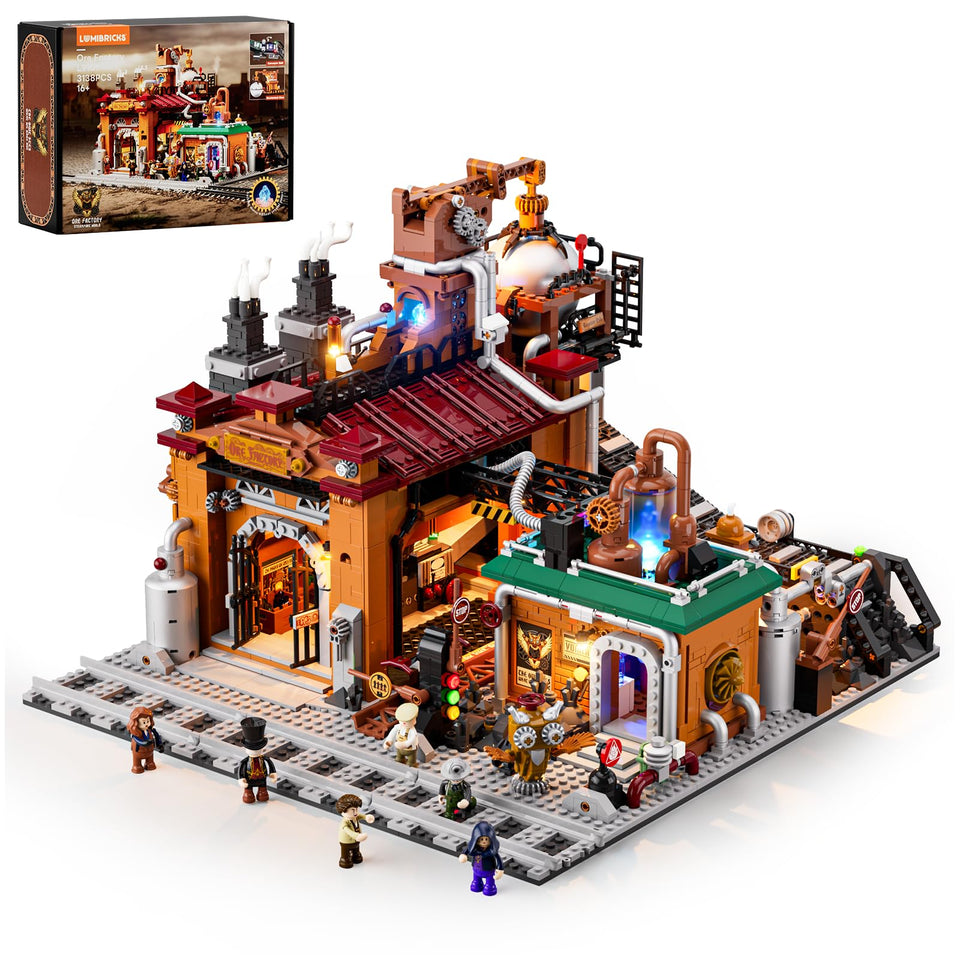 Lumibricks Steampunk Ore Factory conveyor belts in action for immersive display.