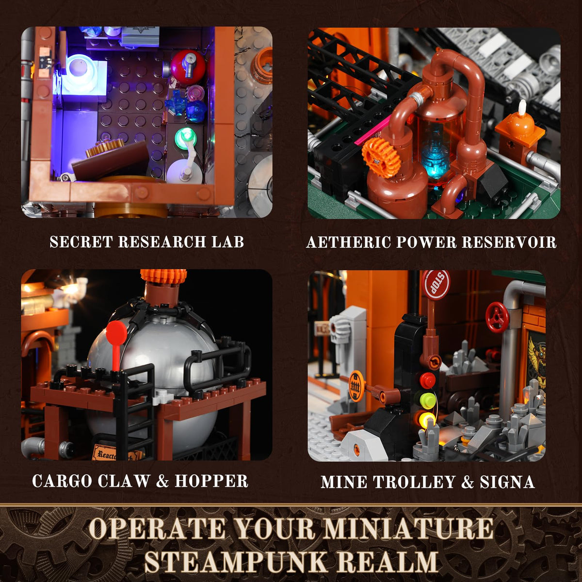 Lumibricks Steampunk Ore Factory glowing crystal lamps add retro flair.