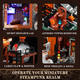 Lumibricks Steampunk Ore Factory glowing crystal lamps add retro flair.