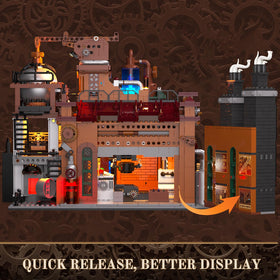 Lumibricks Steampunk Ore Factory intelligent signal lights simulate realistic cues.