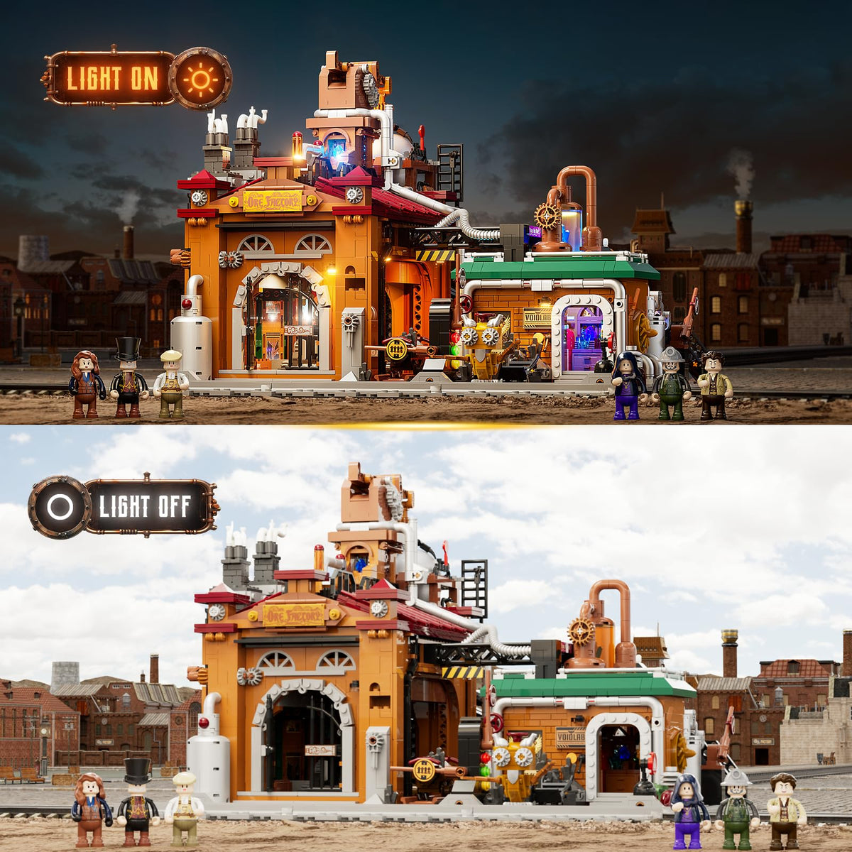 Lumibricks Steampunk Ore Factory minecart track ready for dynamic play.