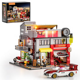 Lumibricks Street MOD Garage front view with rolling doors for dramatic display