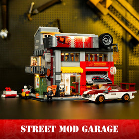 Lumibricks Street MOD Garage interior detail for immersive workshop displays