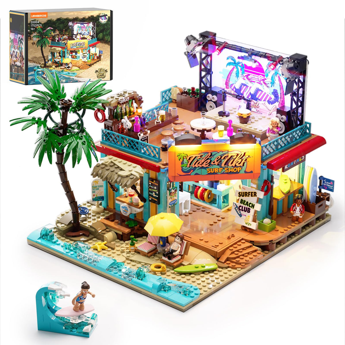 Lumibricks Surf Shop Coast Club display base shows vibrant seaside architecture for immersive play.