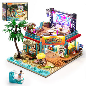 Lumibricks Surf Shop Coast Club display base shows vibrant seaside architecture for immersive play.