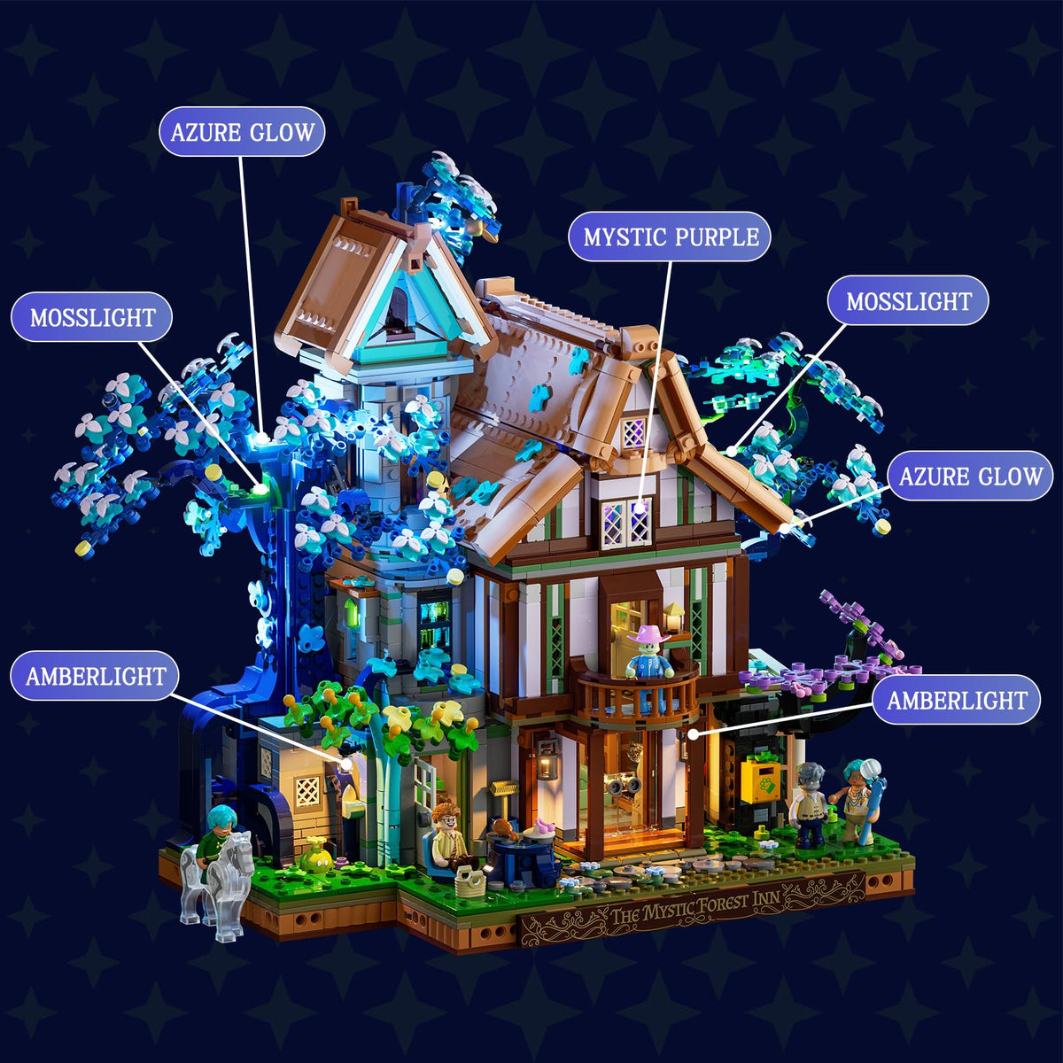 Lumibricks Sylvan Inn exclusive text system with blue candle flames