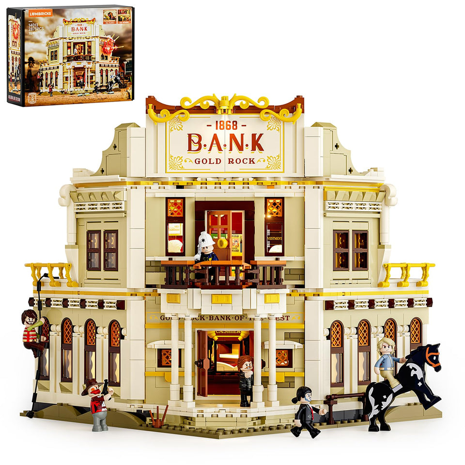 Lumibricks Western bank exterior highlights rich facade details for dramatic display.