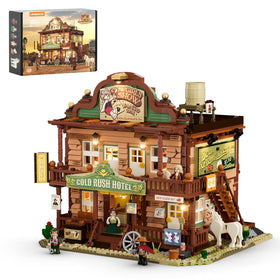Lumibricks Western-Inn exterior nightscape creates realistic dusk ambiance.