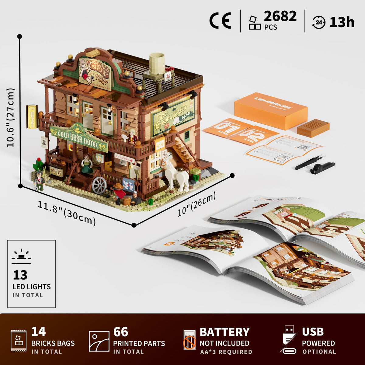 Lumibricks Western-Inn LED lighting package enhances night scenes.