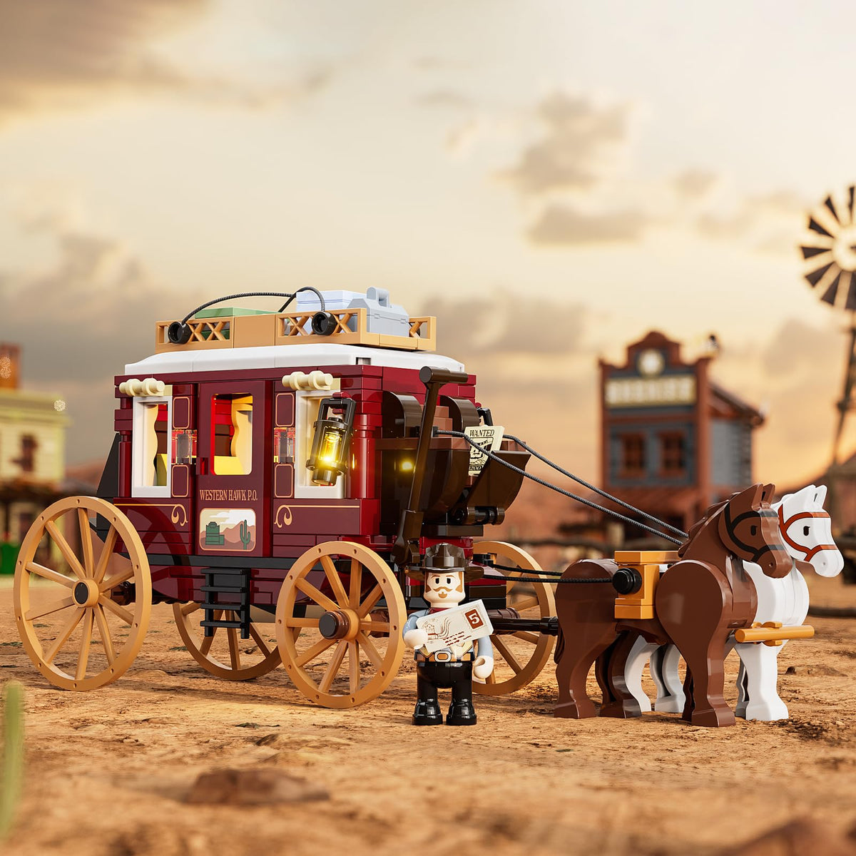 Lumibricks Western Post Route Coach anchors Western dioramas for storytelling.