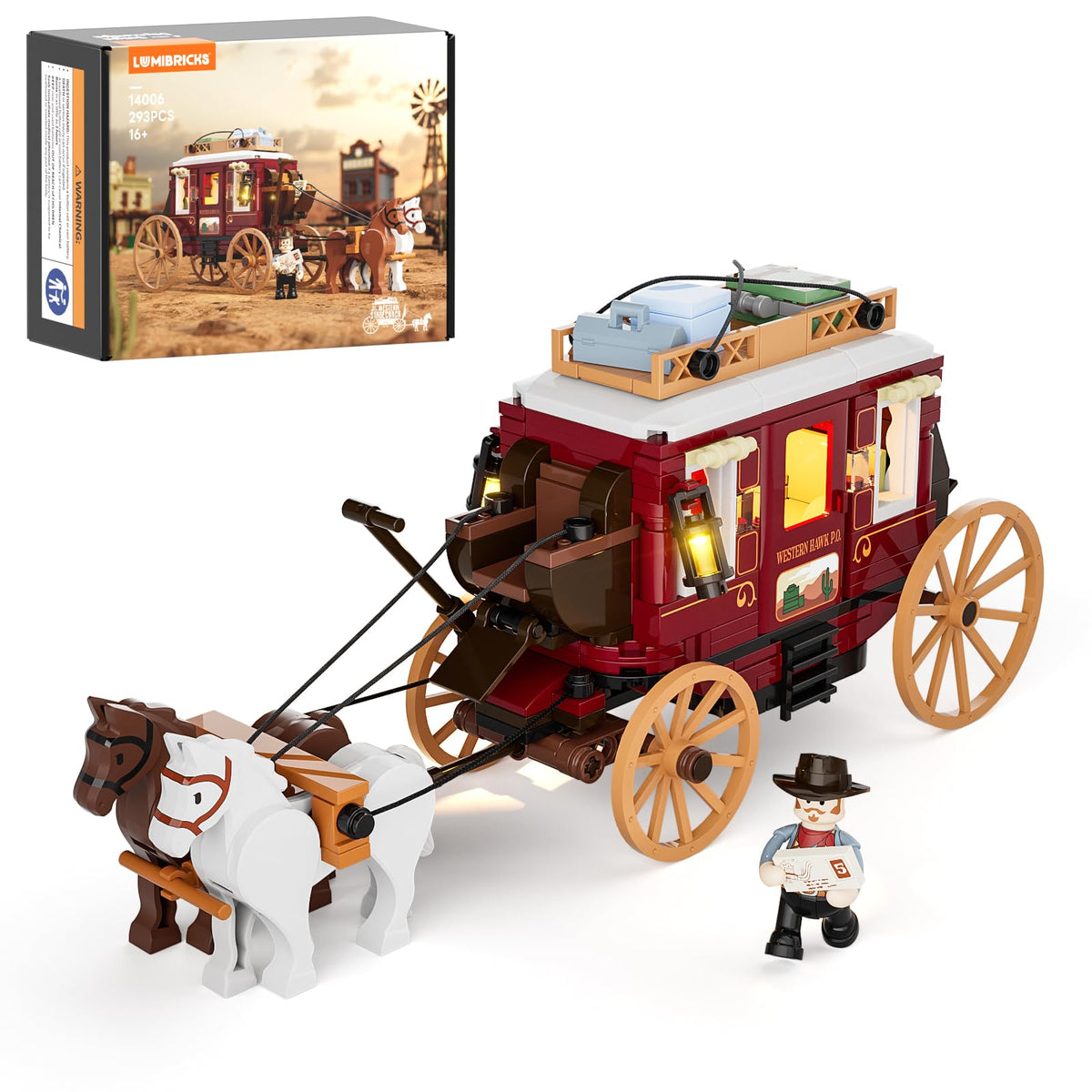 Lumibricks Western Stagecoach Lighting Set illuminates the stagecoach for immersive display.