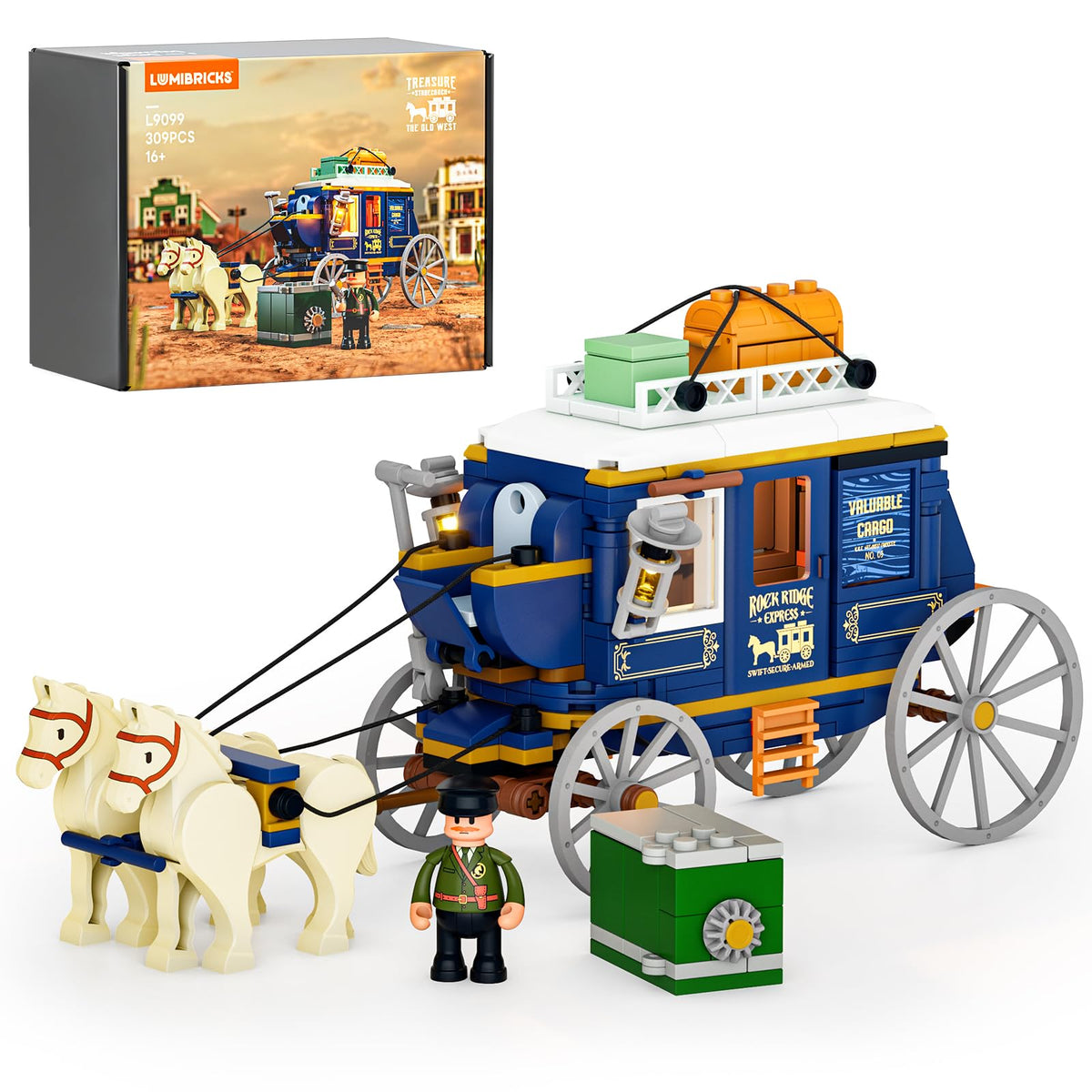 Lumibricks Western Treasure Stagecoach assembly showcases authentic Old West design for eye-catching display.