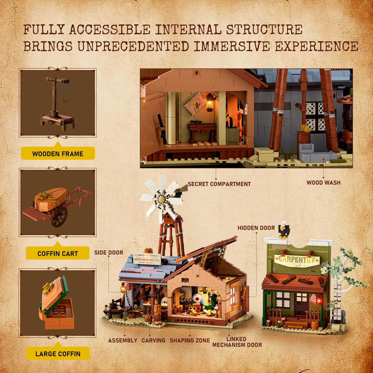 Lumibricks Western Workshop hidden doors reveal secret storage spaces.