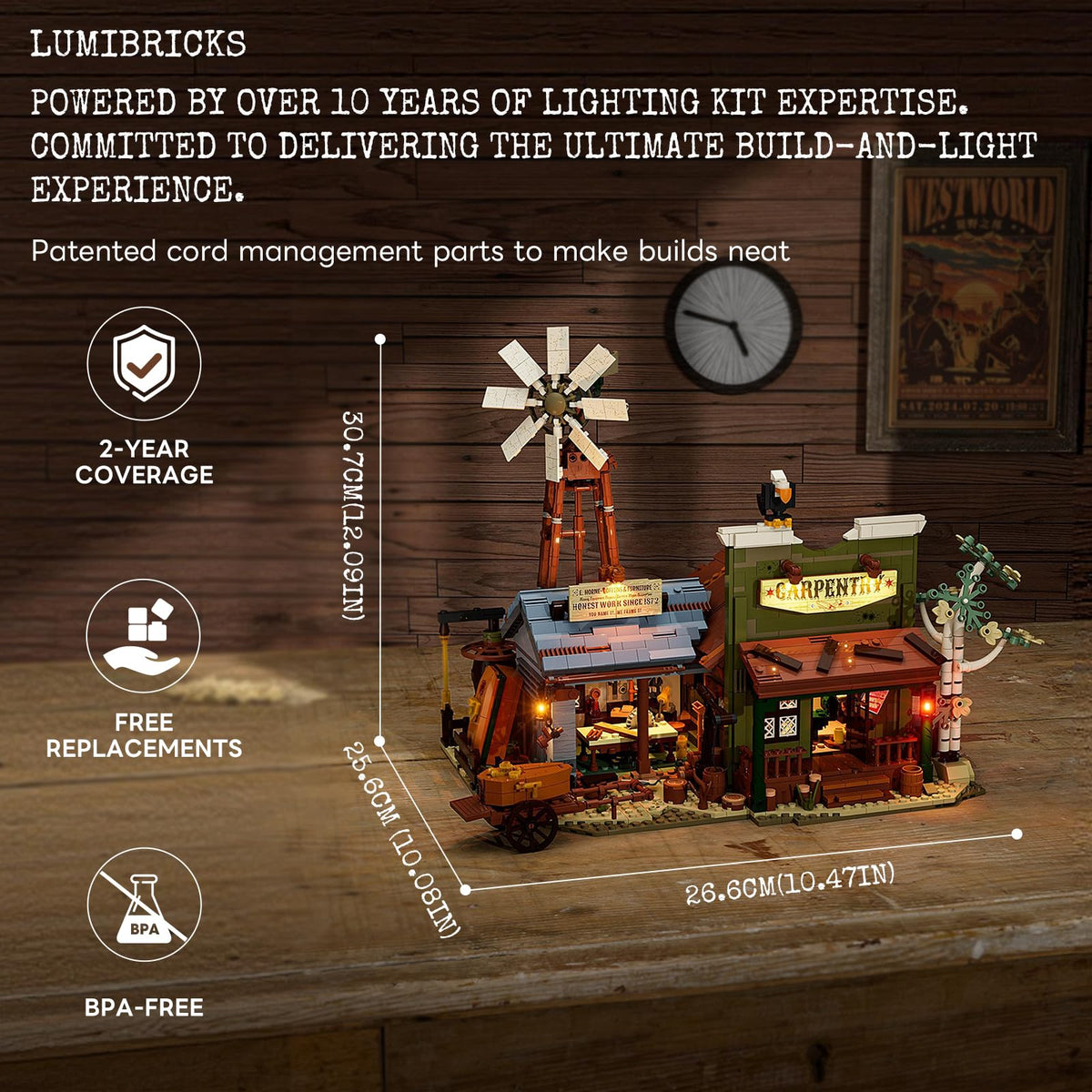 Lumibricks Western Workshop LED lighting kit casts warm glow across the build.