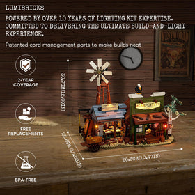 Lumibricks Western Workshop LED lighting kit casts warm glow across the build.