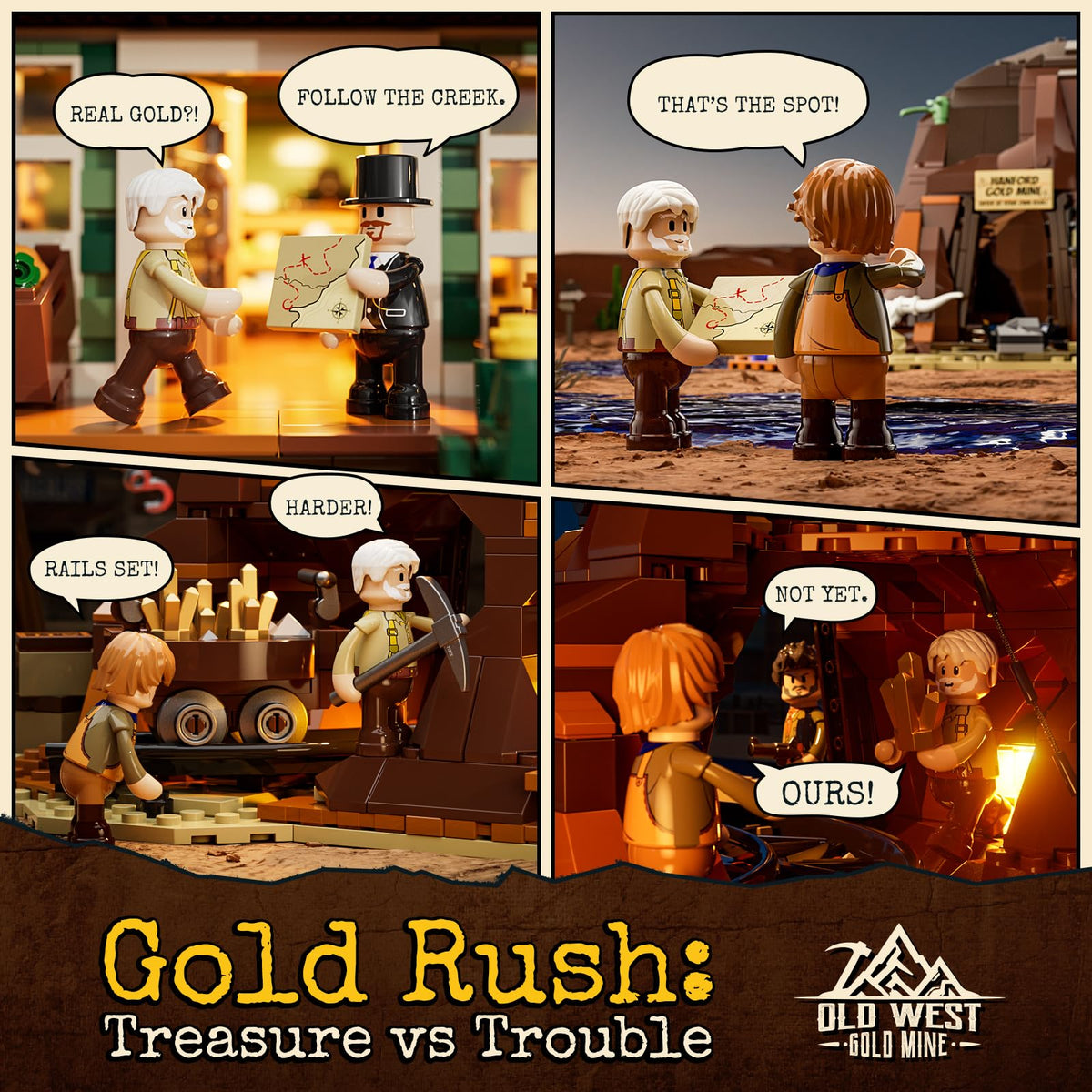Lumibricks Wild West campfire lights create warm atmosphere for night storytelling.