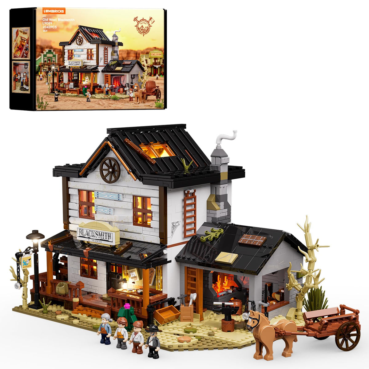 Lumibricks Wild West Forge House front view with warm glow for diorama realism