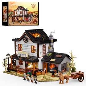Lumibricks Wild West Forge House front view with warm glow for diorama realism