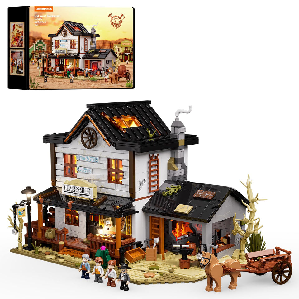 Lumibricks Wild West Forge House front view with warm glow for diorama realism