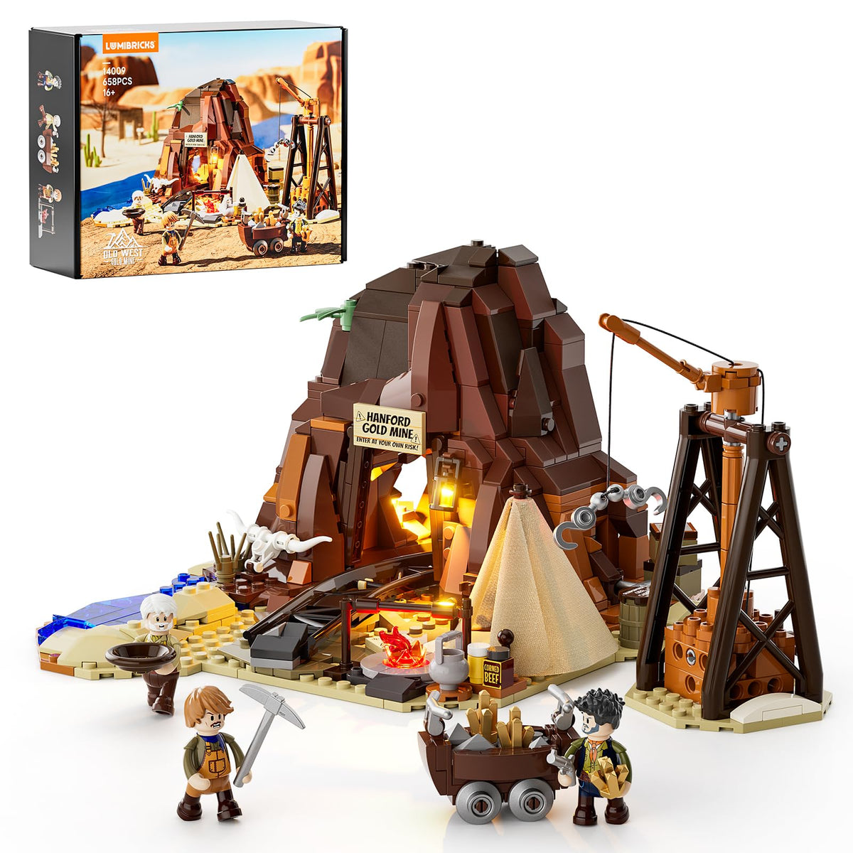 Lumibricks Wild West gold mine entrance with warm glow enhances display and storytelling ambience.