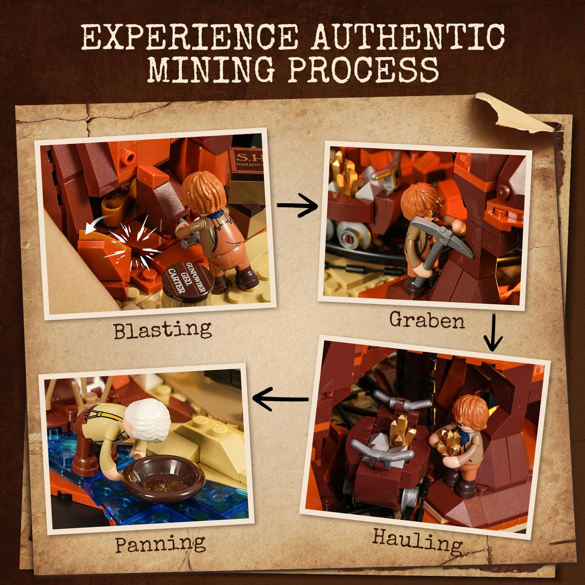 Lumibricks Wild West prospector figures in action promotes imaginative interaction and cinematic scenes.
