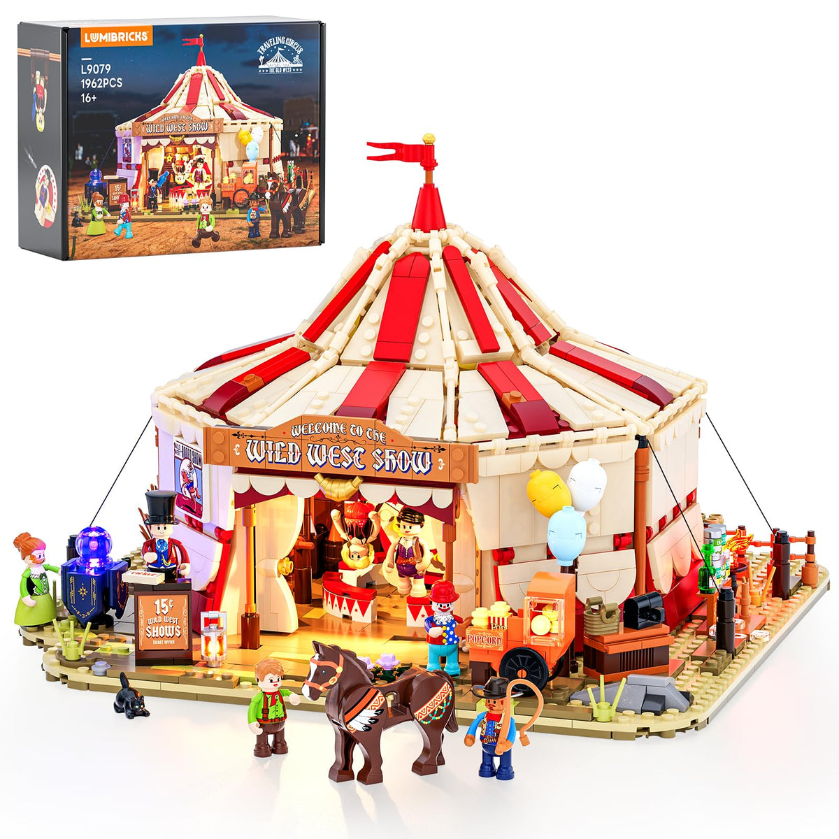 Lumibricks Wild West Show tent lights illuminate the display with immersive glow