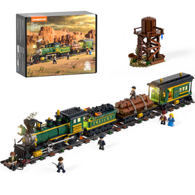 Lumibricks Wild West Freight Train locomotive front view with authentic lighting for immersive display.