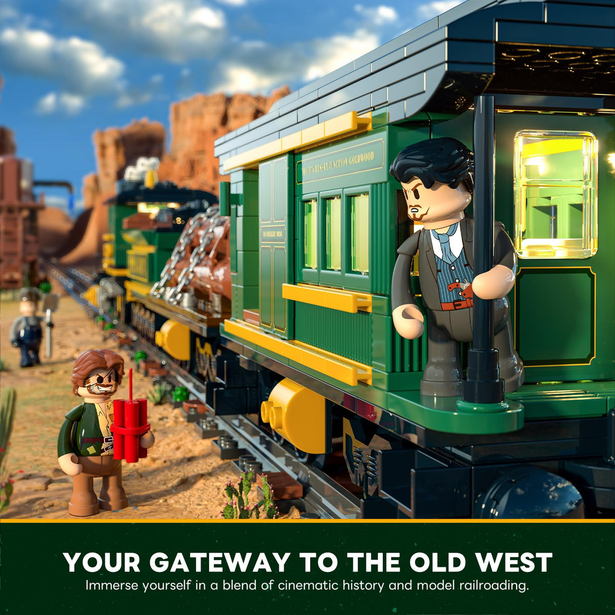 Lumibricks Wild West Freight Train passenger car enhances era ambiance on display.