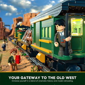 Lumibricks Wild West Freight Train passenger car enhances era ambiance on display.