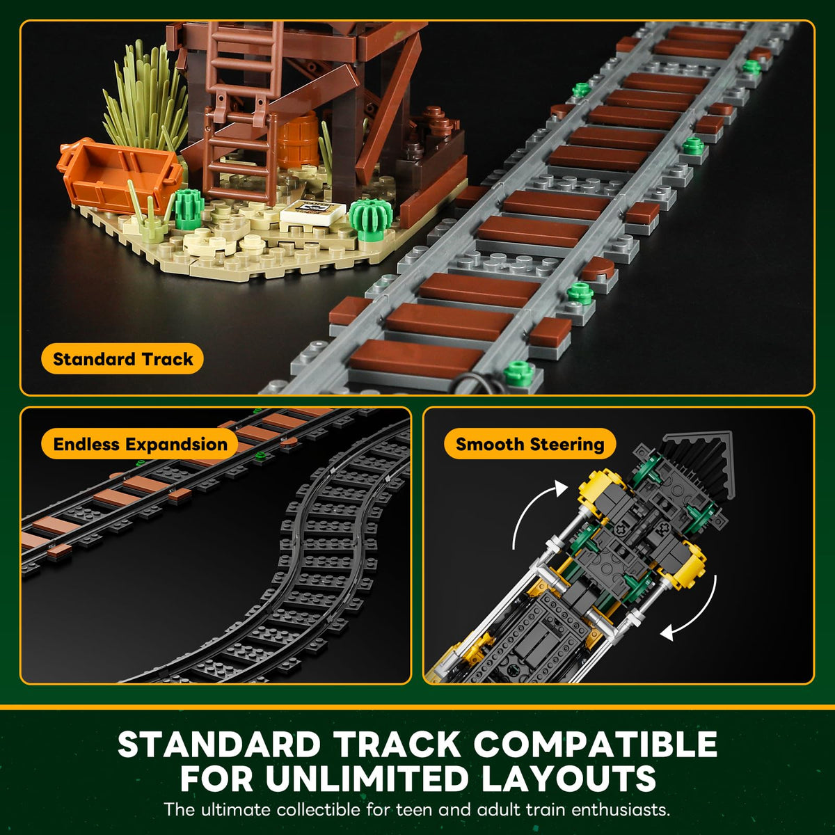 Lumibricks Wild West Freight Train water tower display enhances scene storytelling.