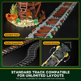 Lumibricks Wild West Freight Train water tower display enhances scene storytelling.