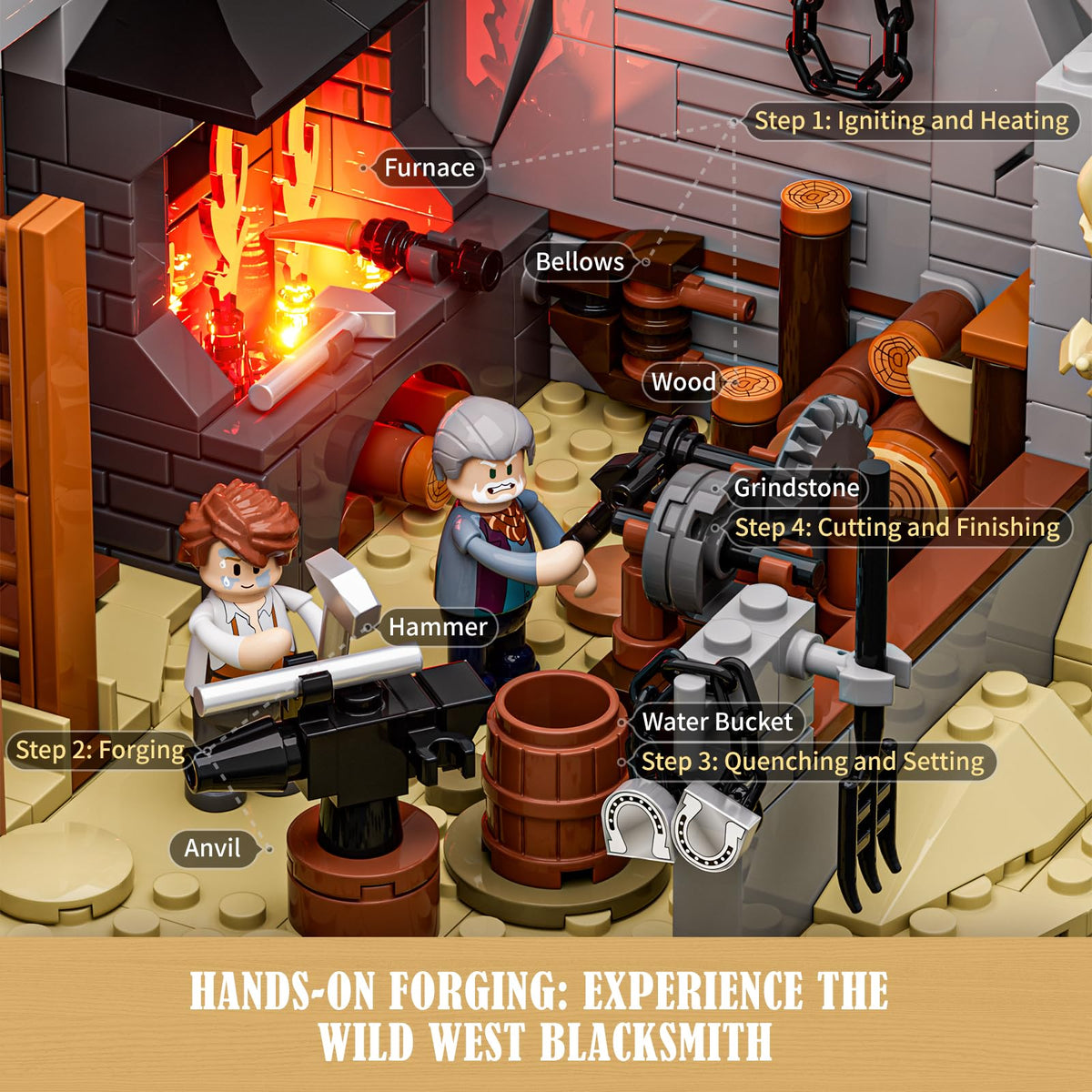Lumibricks Wild West workshop tools display inviting interactive blacksmith play