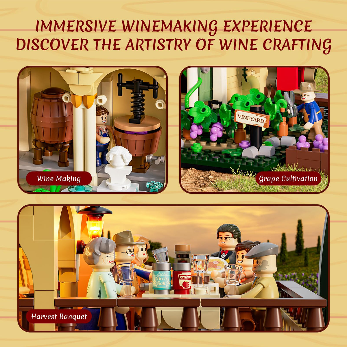 Lumibricks Winemaking workspace shows grape processing in a compact model.