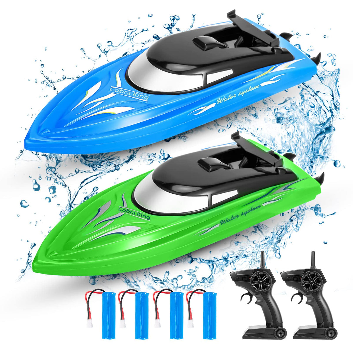 Lumiparty RC boat two-pack blue-green front view for family pool fun