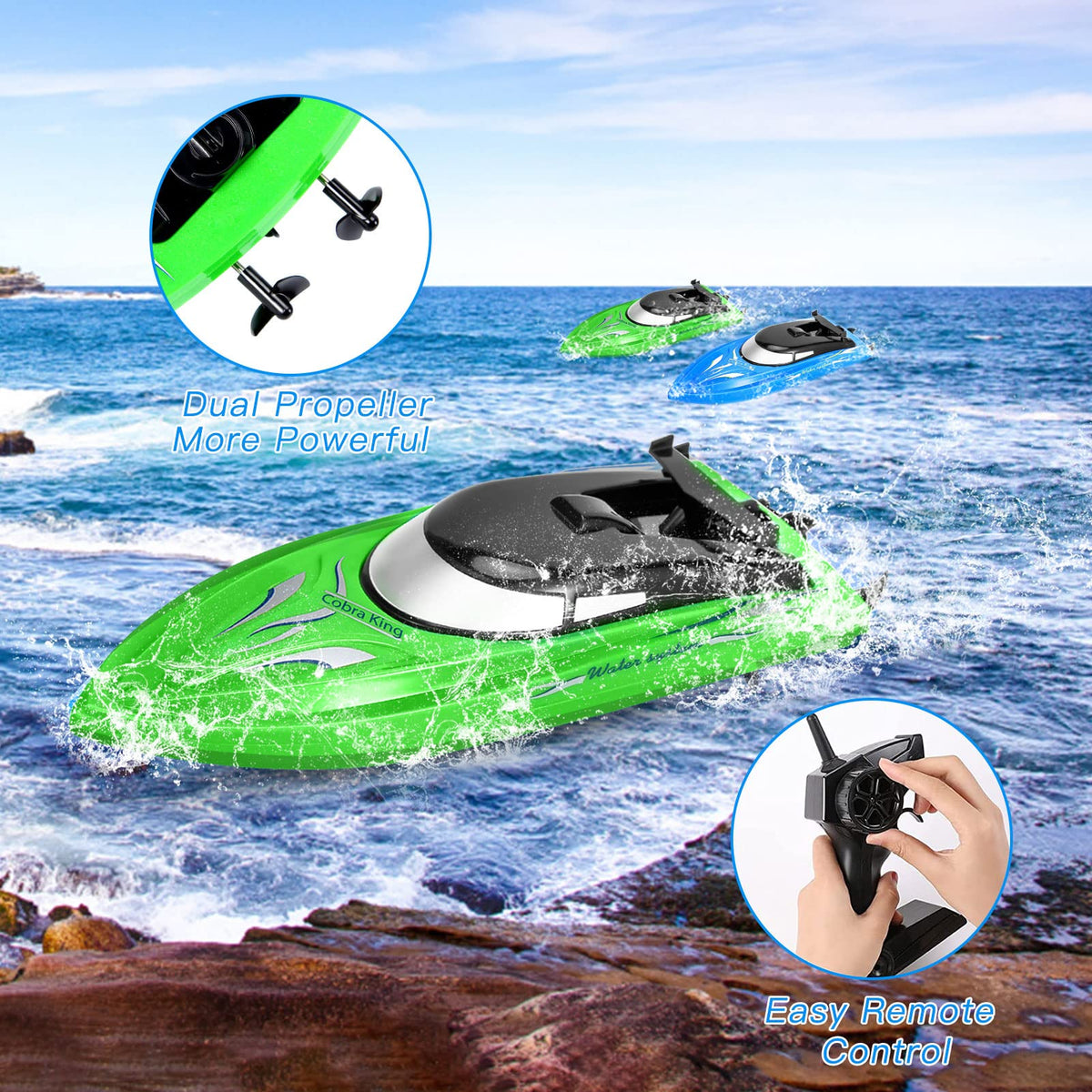 Lumiparty RC boat two-pack blue-green top view highlighting controls