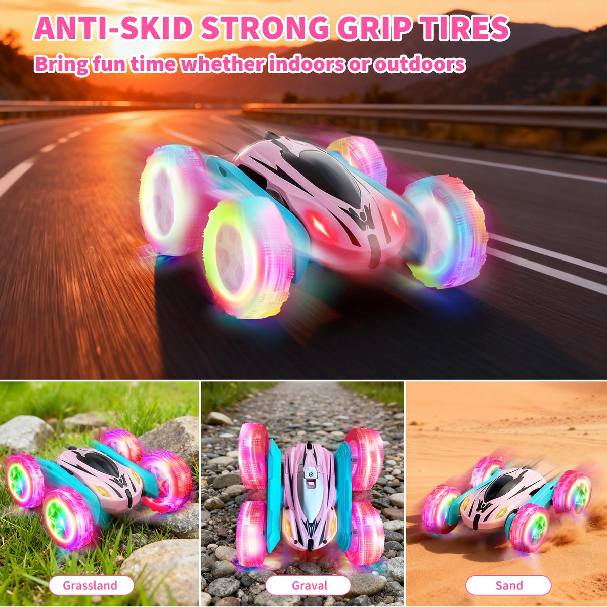 Lumiparty 4WD off-road RC car conquers sand, grass, and wet surfaces.