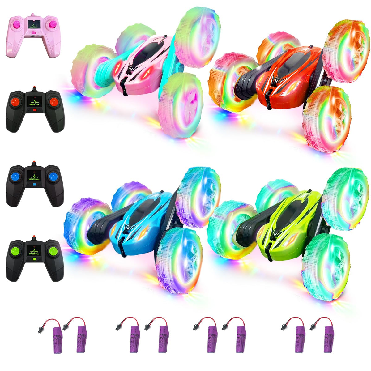 Lumiparty RC stunt car with colorful wheels and lights, ideal for engaging play.