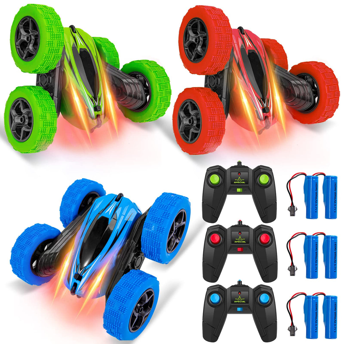Lumiparty RC Stunt Car front view highlights powerful dual motors for fast action.
