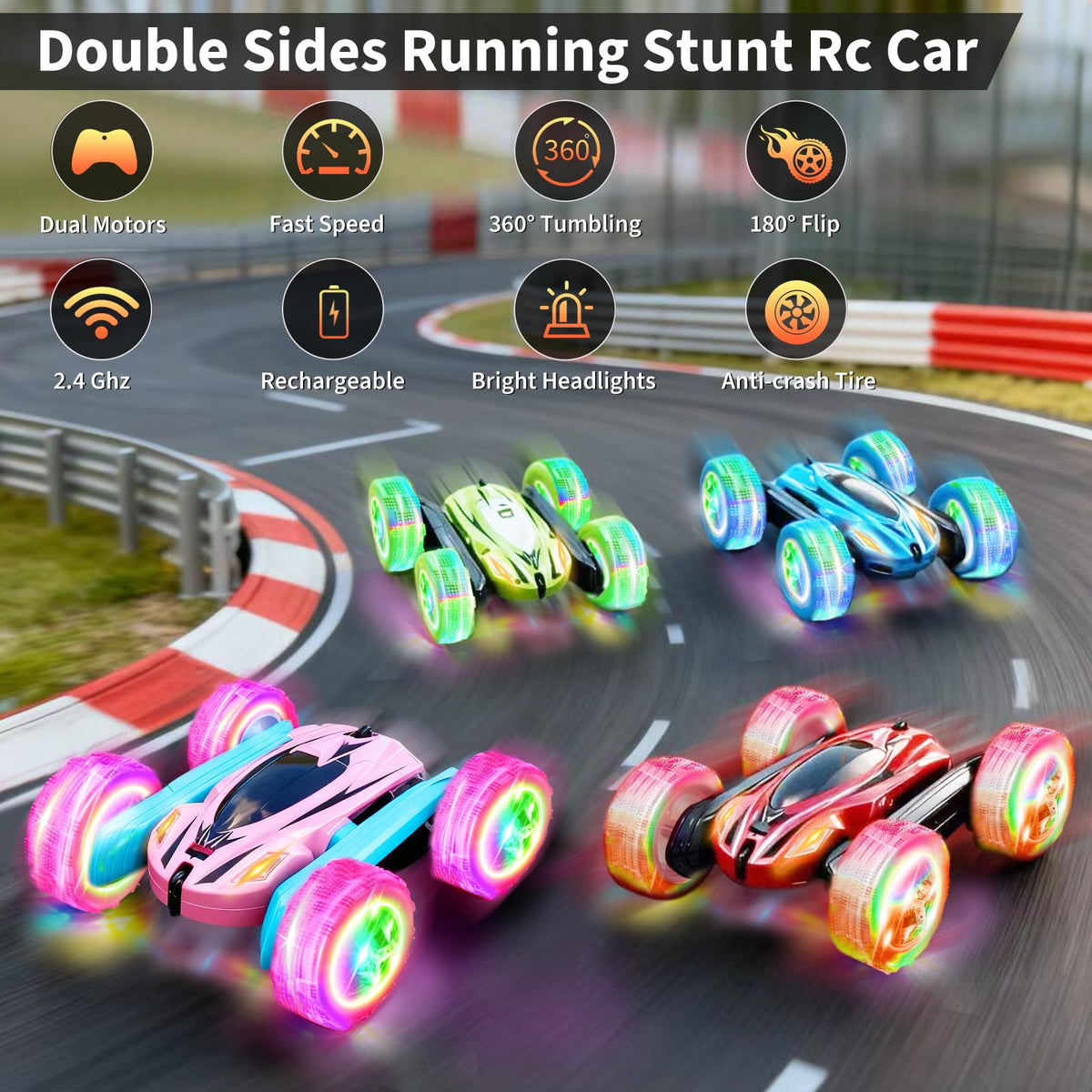 Lumiparty wheel lights illuminate indoor racing and dramatic drifts.