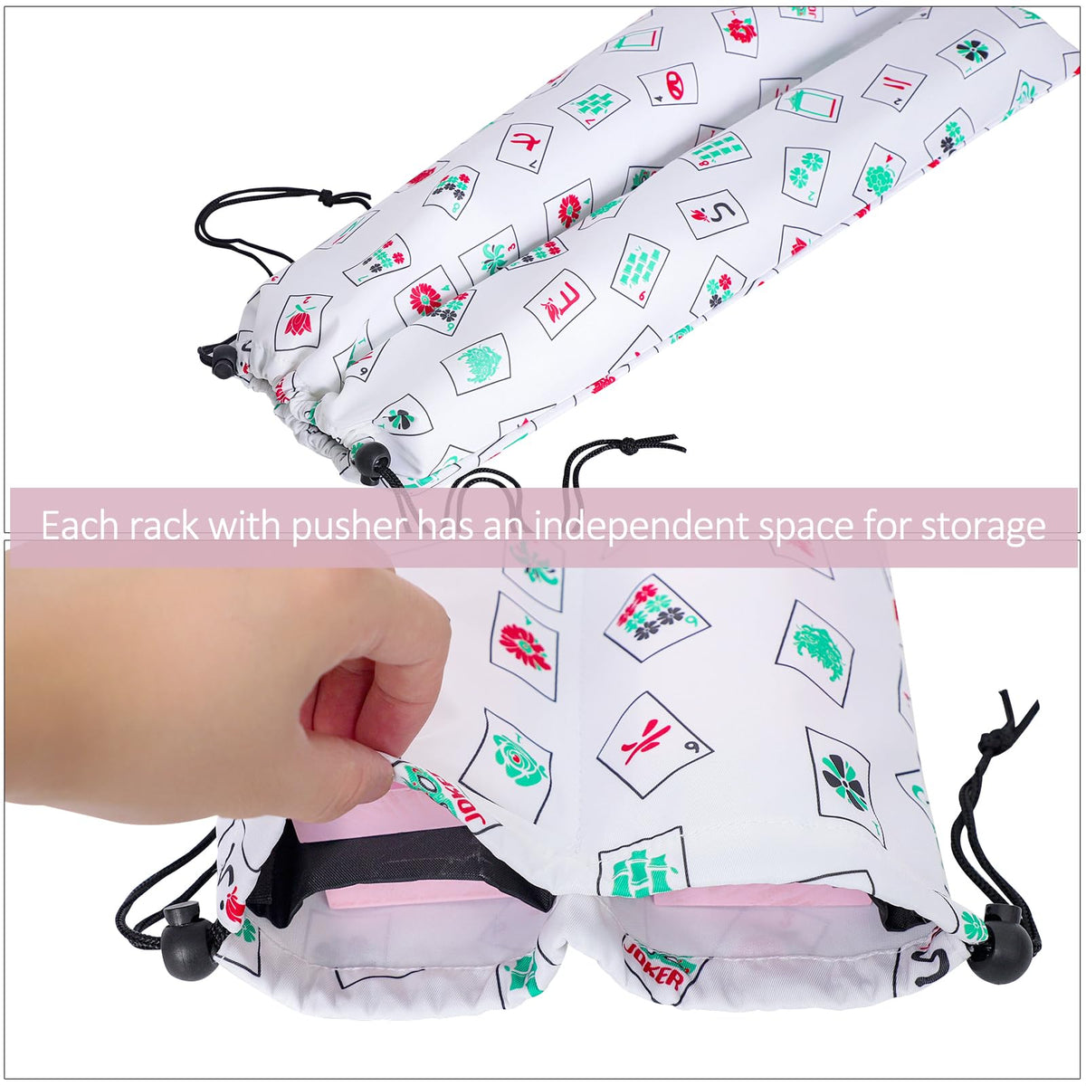 LUMIVIA white printed drawstring bag protects racks during transport