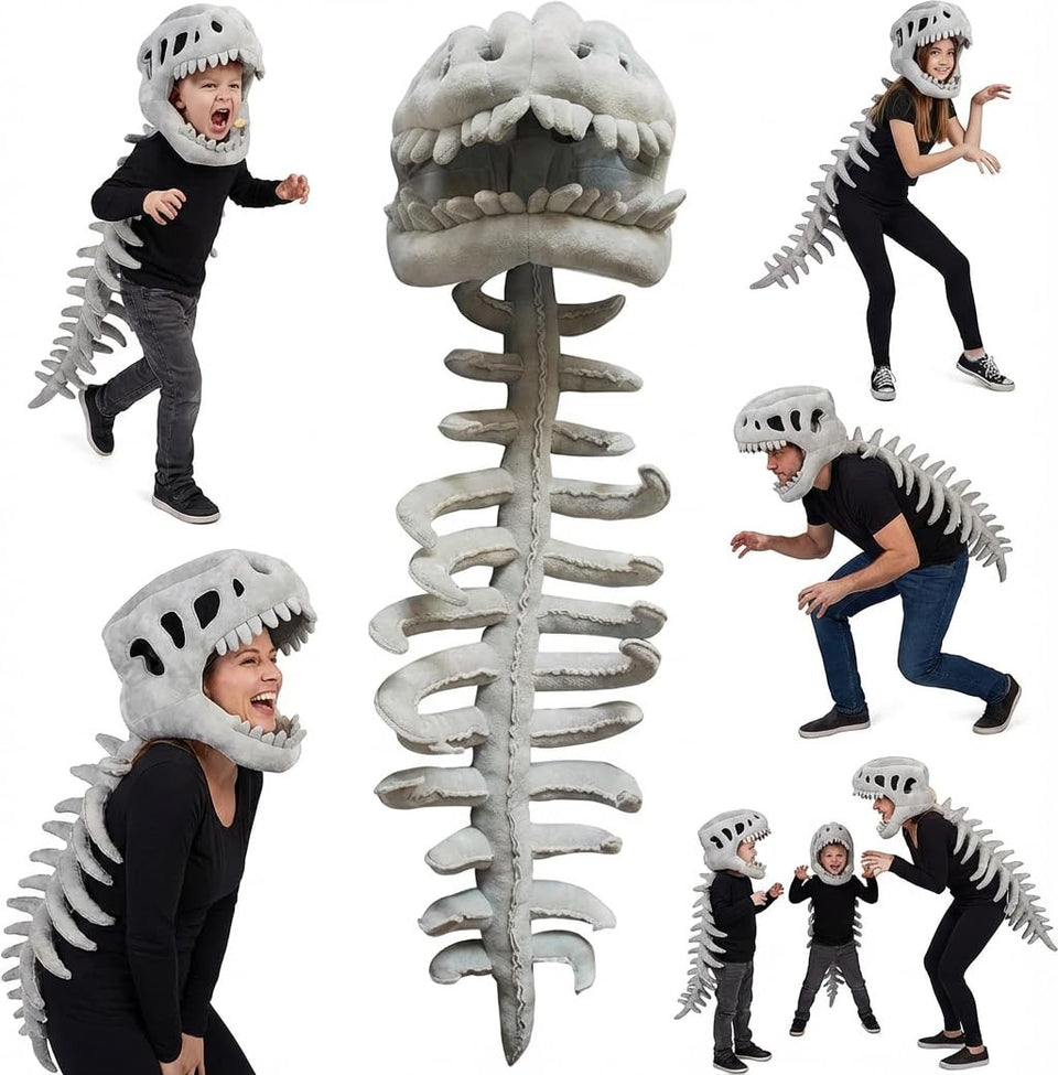 LUMIXA dinosaur skeleton plush costume front view, ideal for costume wear and photos.