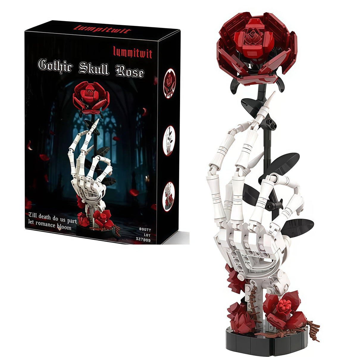 Lummitwit Gothic skull hand with red rose bouquet, dramatic desktop centerpiece