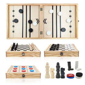 LumWuds 4-in-1 wooden board game set showing chess and checkers on a smooth surface for family play