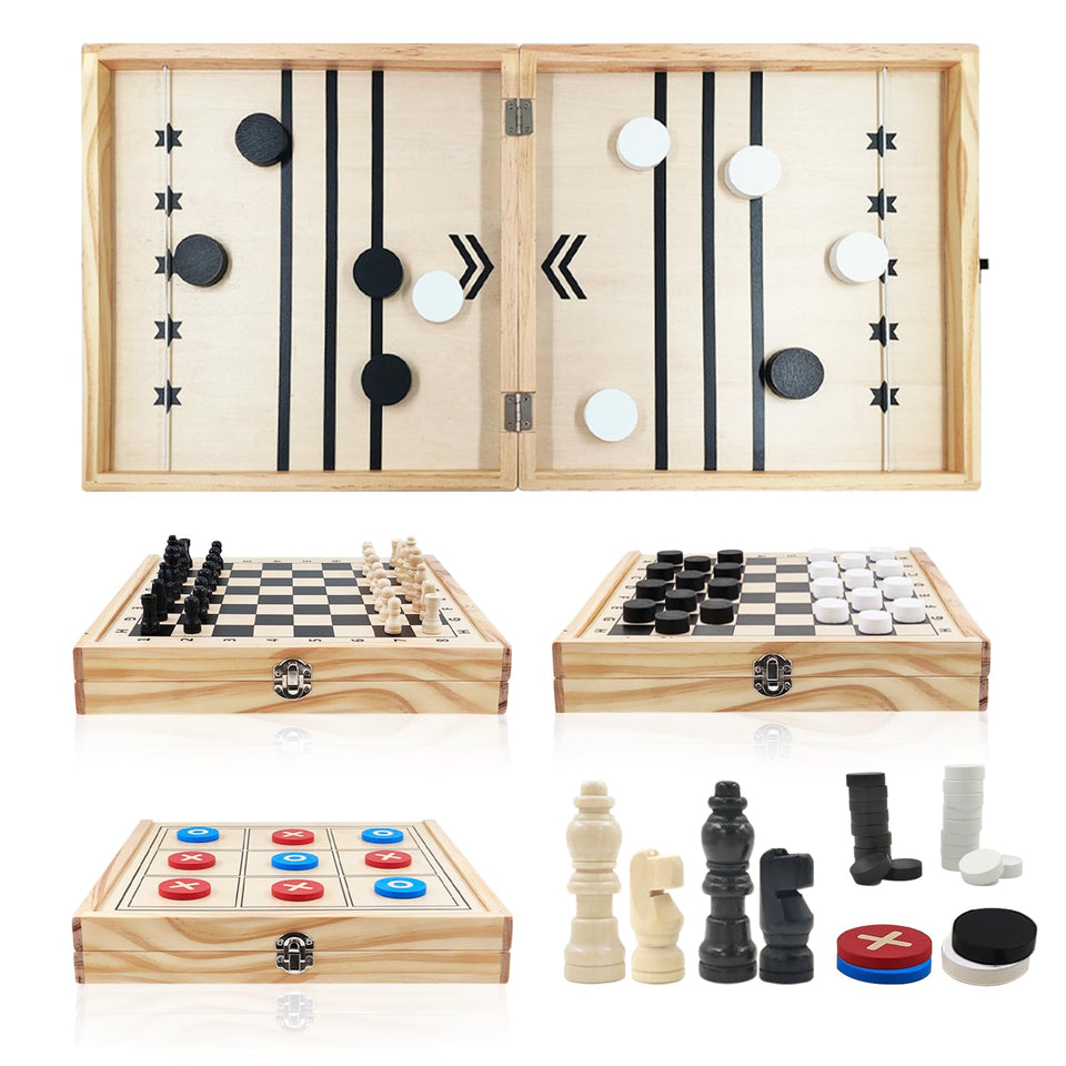 LumWuds 4-in-1 wooden board game set showing chess and checkers on a smooth surface for family play